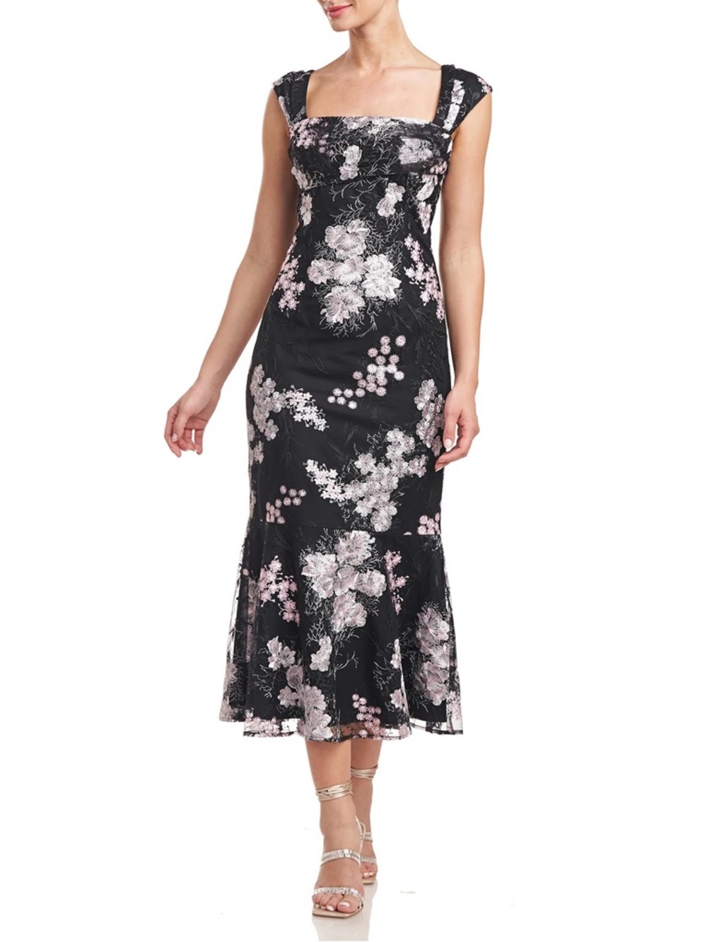 JS Collections Dixie Tea Length Dress Black Pink Floral Size 10